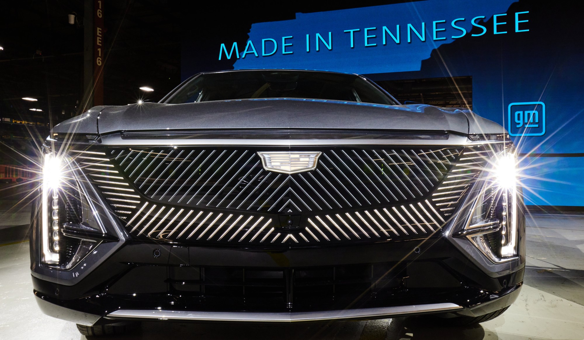Close up of the 2023 Cadillac LYRIQ. The background says "Made in Tennessee."
