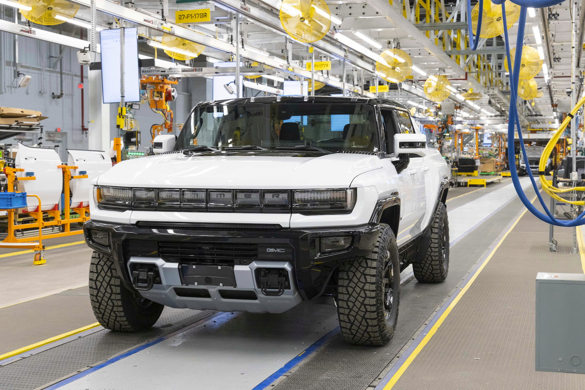 Near fully completed Hummer EV sits on assembled line