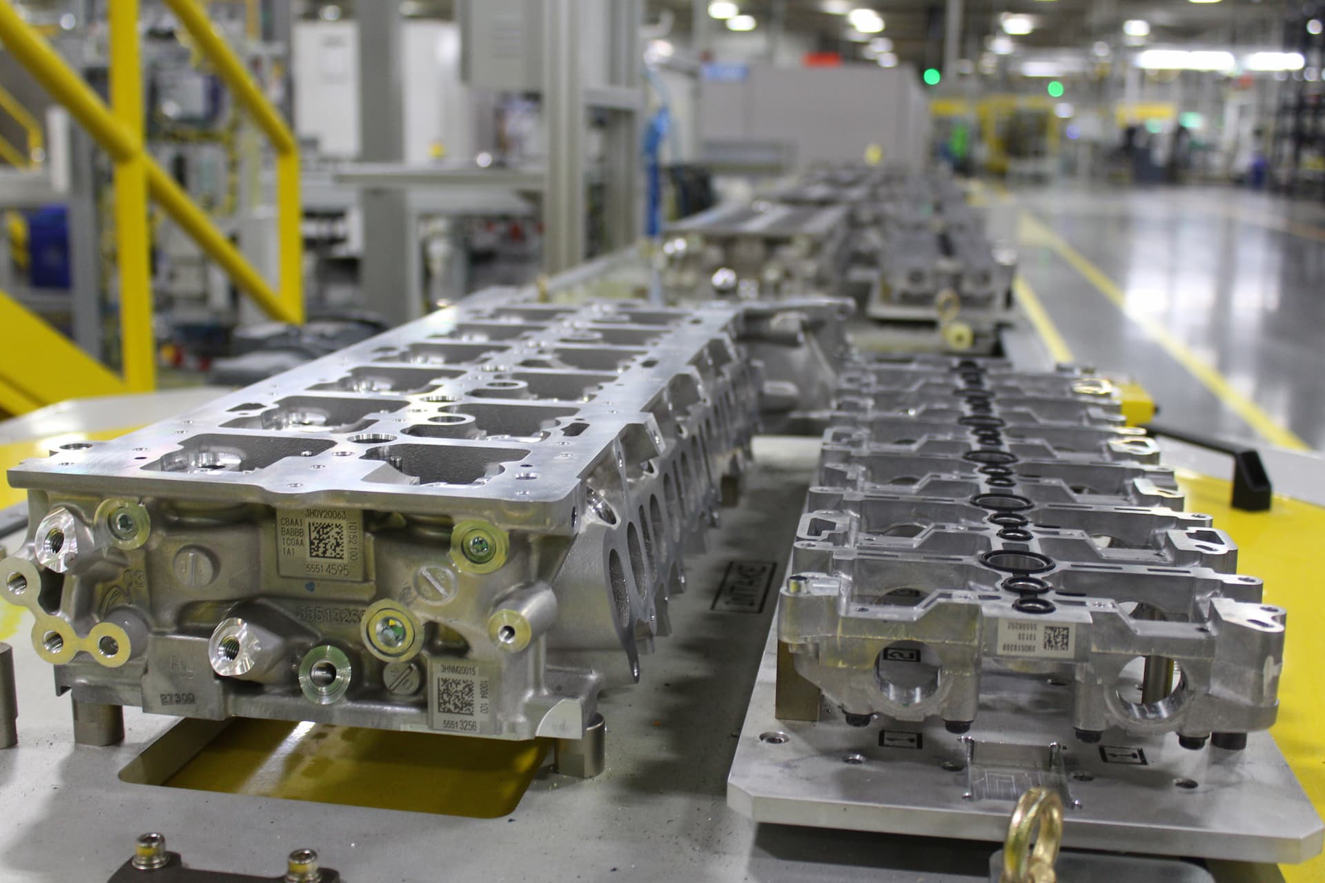 Line of engine parts waiting for assembly