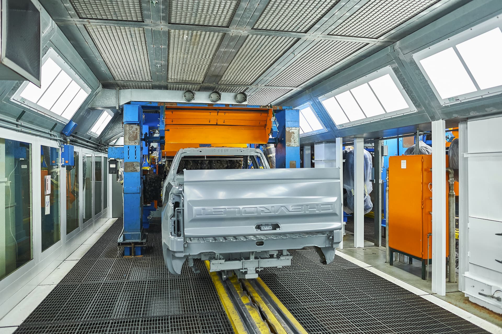 Truck body moves through paint booth at Fort Wayne Assembly plant