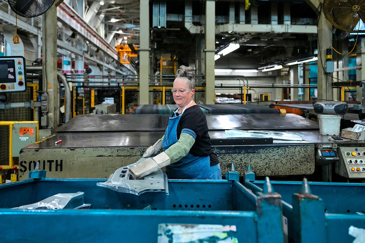 An employee at the General Motors Marion Metal Center works in the metal stamping operations.