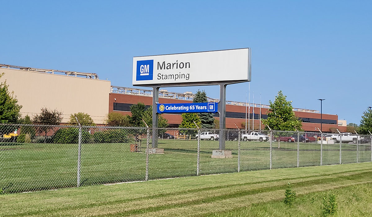 A branded sign outside of General Motors Marion Metal Center.