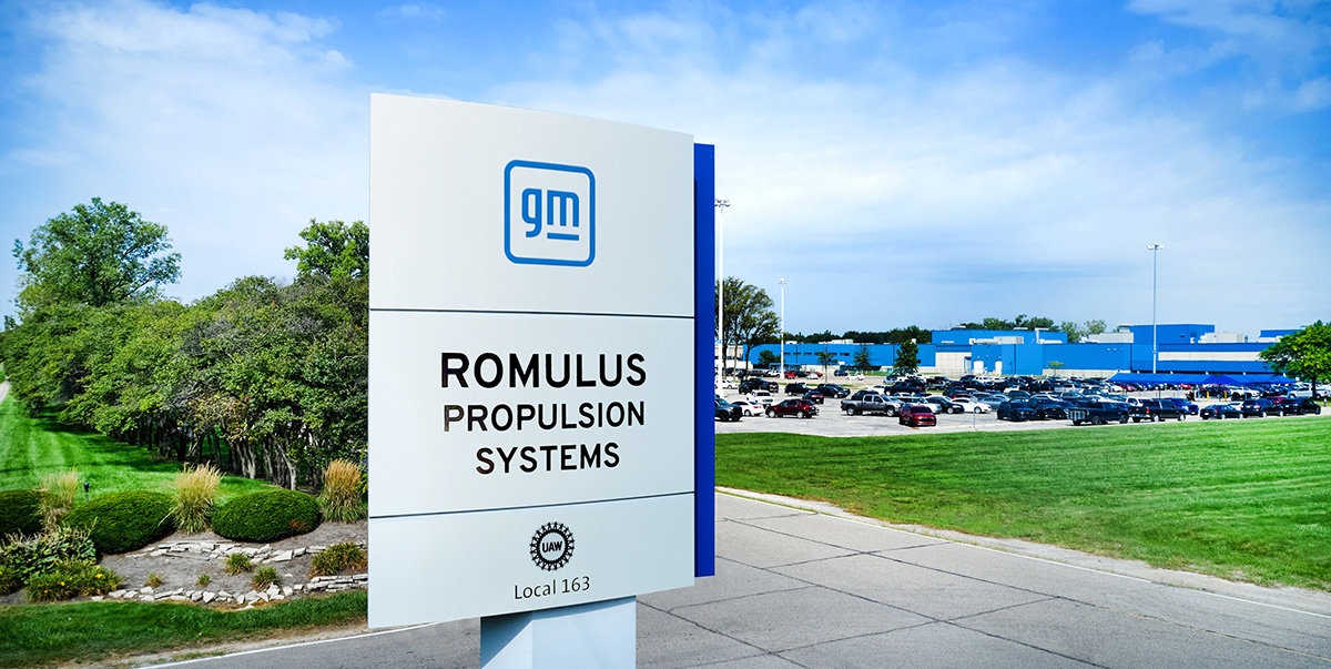 A branded sign outside of General Motors Romulus Propulsion Systems.