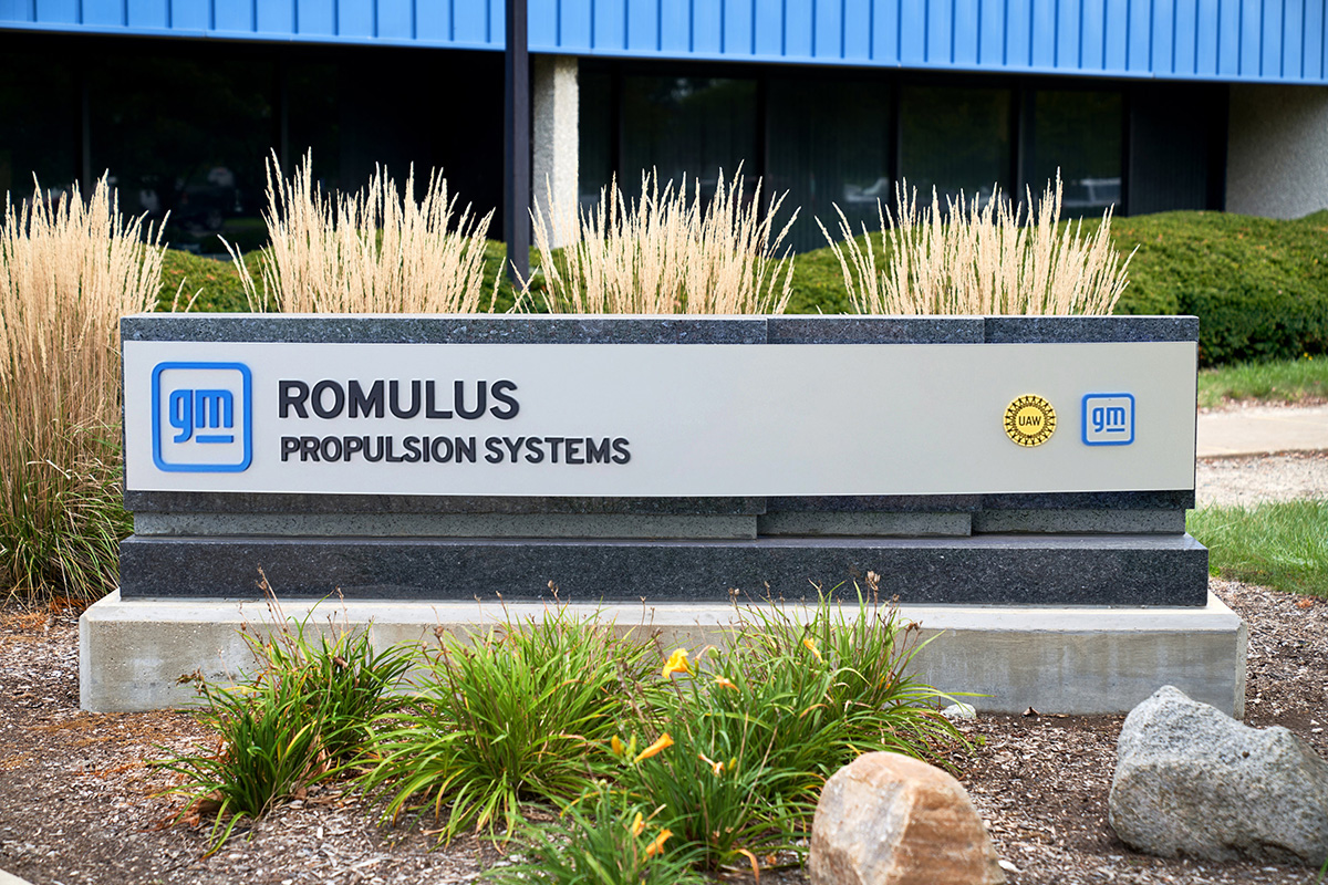 A branded sign outside of General Motors Romulus Propulsion Systems.