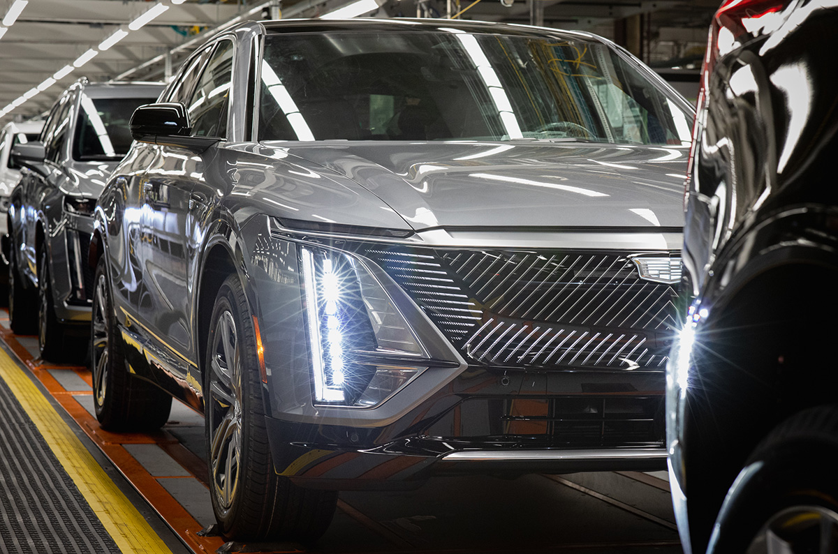 A silver Cadillac LYRIQ moves through the assembly line at General Motors Spring Hill Manufacturing Complex.