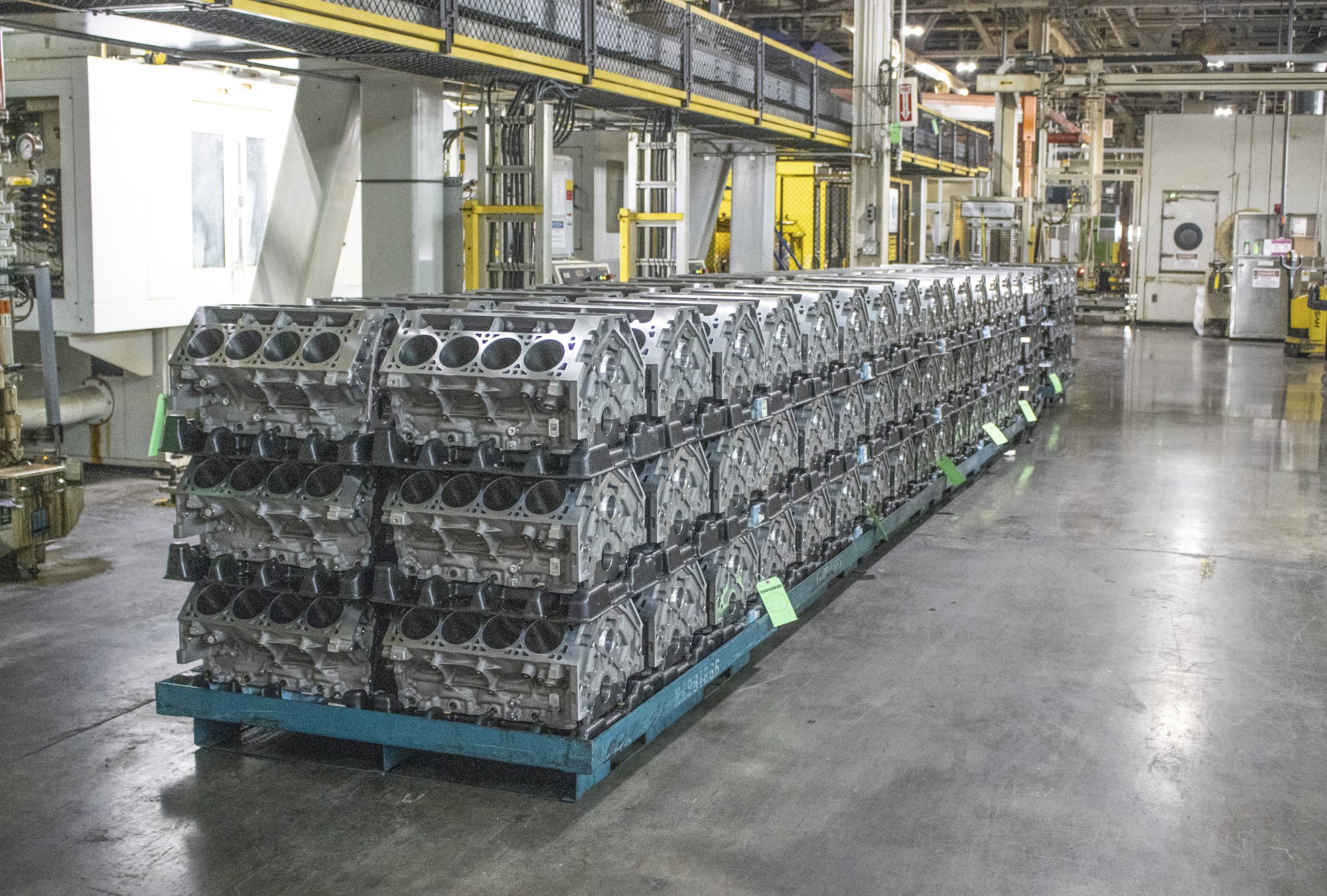series of pallets filled with numerous engine blocks on Tonawanda Engine Plant Floor