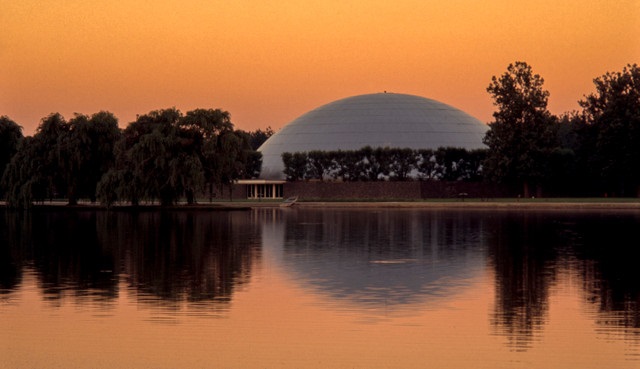 Exterior view of the Warren Tech Center Design Dome, across the from the main fountain on the campus. 