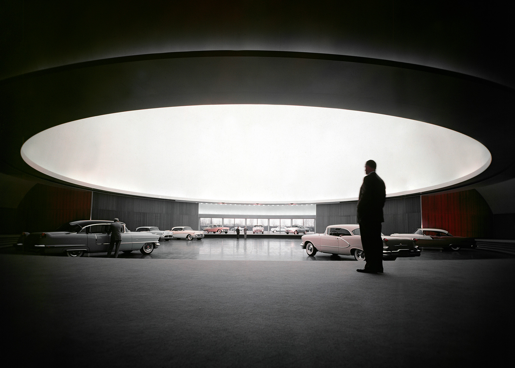 Interior view of design dome, displaying classic General Motors car models.