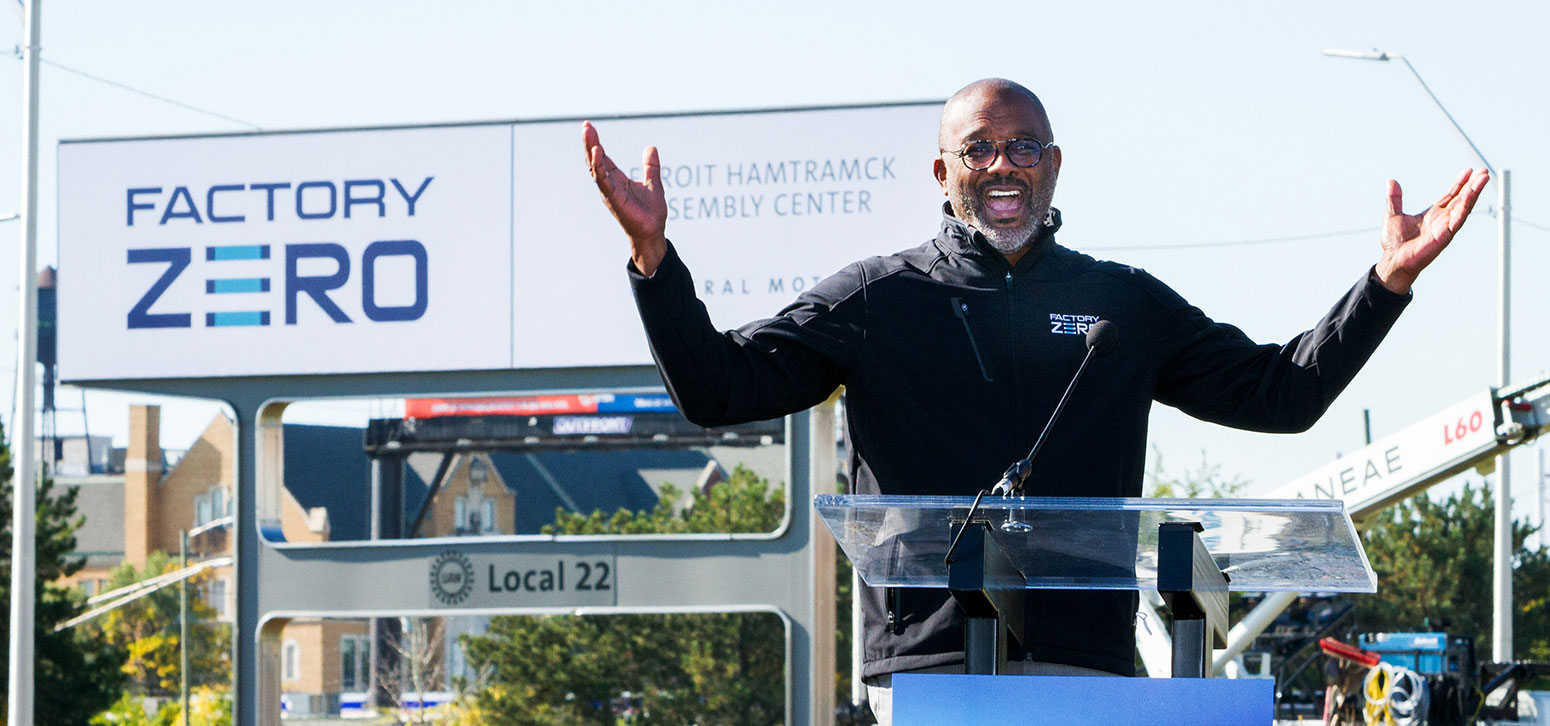 general motors strategic plan 2021 Gerald Johnson, EVP of Global Manufacturing at Factory Zero Speaking at Podium