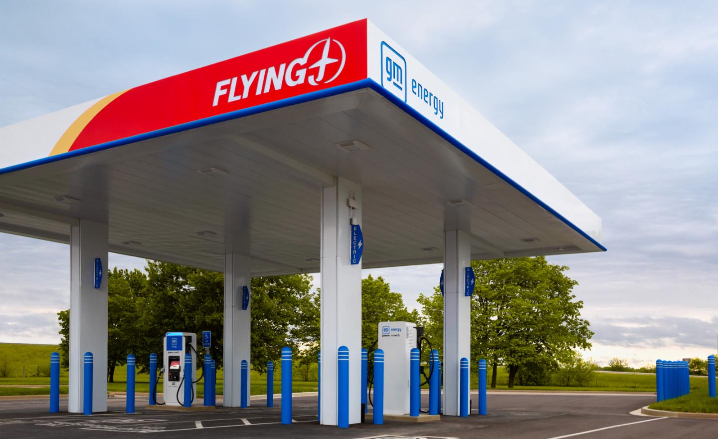 A Flying J Travel Center's Electric Vehicle Charging Station with DC Fast Chargers