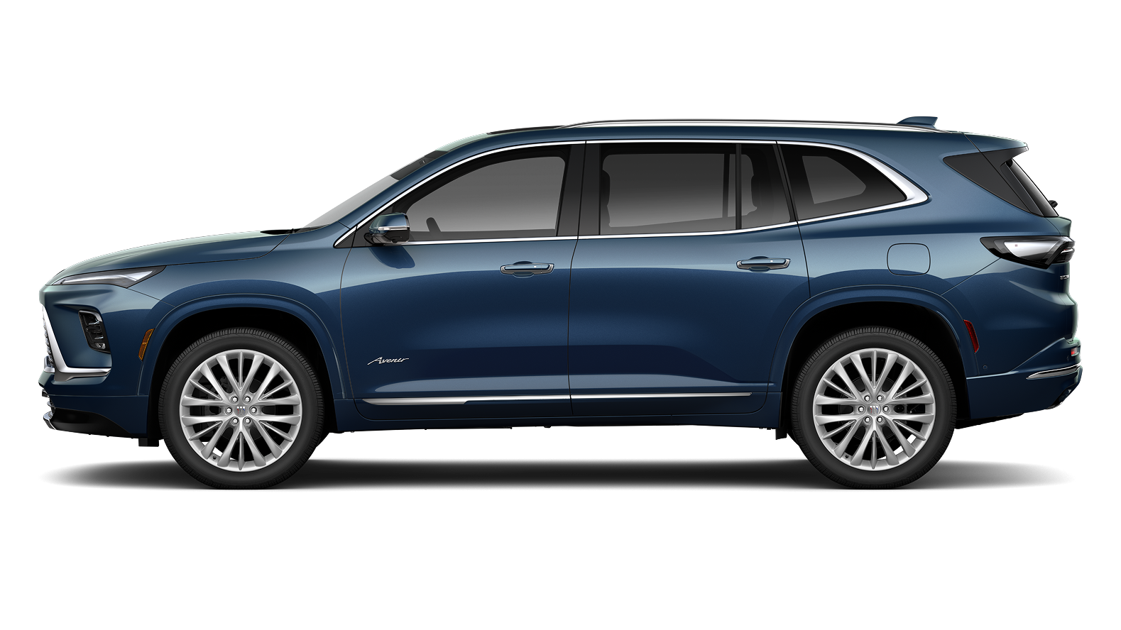 2025 Buick Enclave SUV in Ocean Blue Metallic, driver-side profile view highlighting premium design on white background.