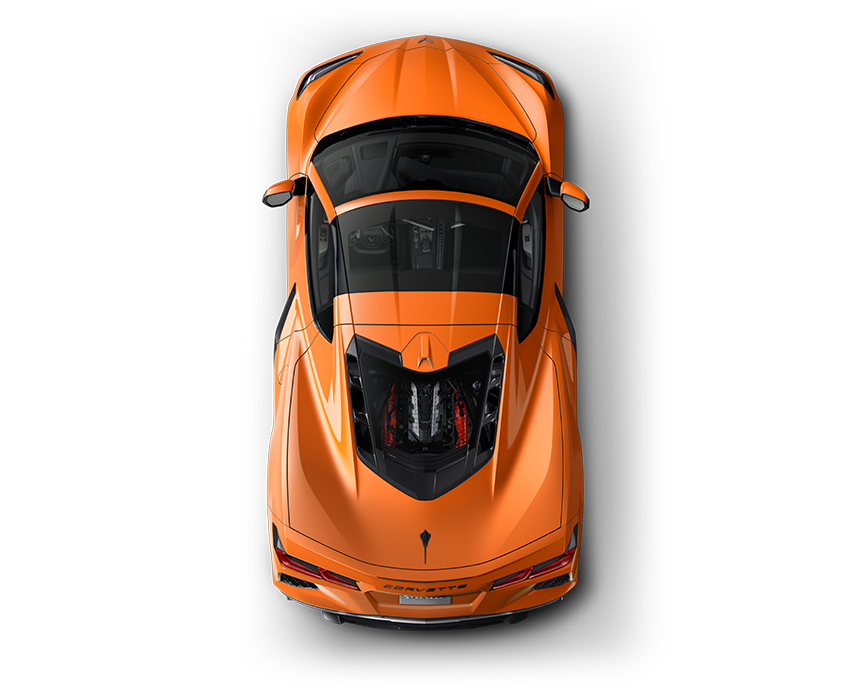 Top view of an orange Chevrolet Corvette Stingray sports car with visible engine and aerodynamic design