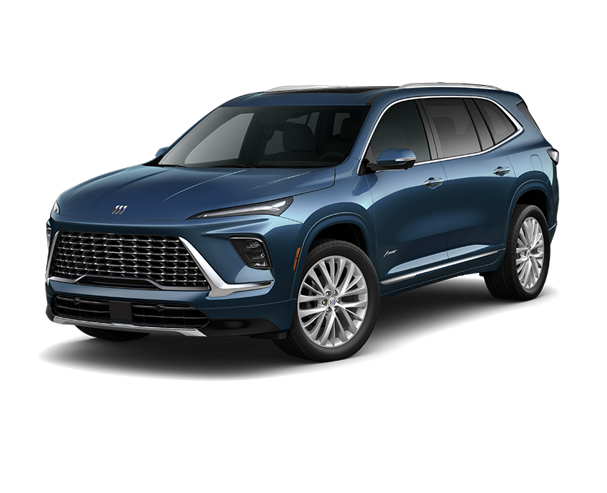 Front three-quarter view of the Ocean Blue Metallic 2025 Buick Enclave with LED lights and mesh grille.