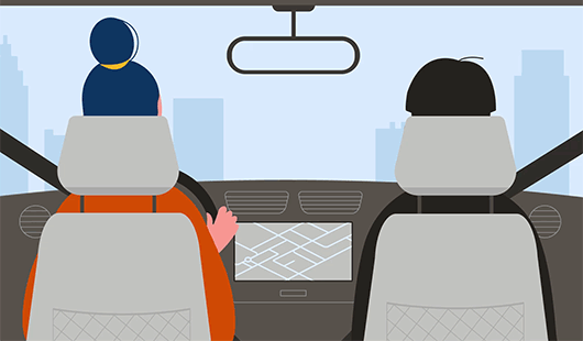 Driver and Passenger Using Touch-free Navigation Technology in Car