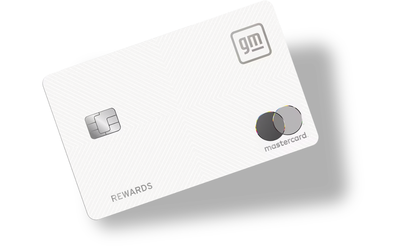 White rewards card with GM and Mastercard logos, on a bright blue background.