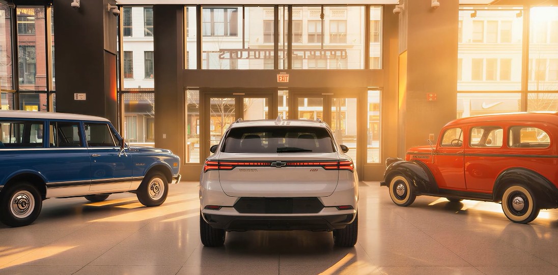 At Hudson’s Detroit, a white Chevy SUV sits between a vintage blue Suburban and a classic red utility vehicle.