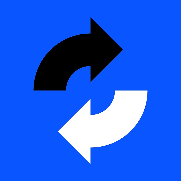 Blue square with a black curved arrow pointing up and a white curved arrow pointing down in a circular motion.